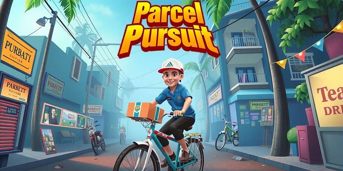 Parcel Pursuit - Indian Delivery Adventure Game Parcel Pursuit game cover showing delivery person with bicycle in busy Indian street with various shops