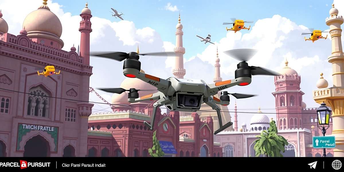 Parcel Pursuit Future Update - Next-Gen Delivery Concept art for upcoming Parcel Pursuit update featuring drone deliveries in an Indian city with historical landmarks in the background