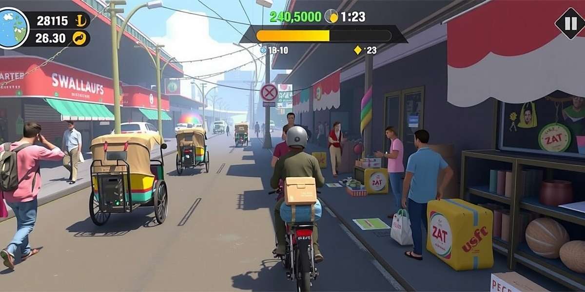 Parcel Pursuit Gameplay - Urban Delivery Challenges Parcel Pursuit gameplay showing delivery person navigating through a crowded Indian market with various obstacles like street vendors and rickshaws